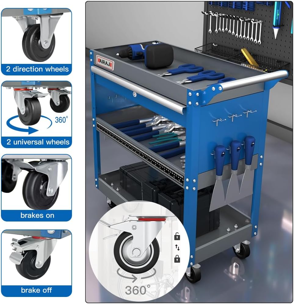 AIRAJ 3-Layer Tool Trolley,78 * 35 * 70cm Heavy Duty Tool Trolley, Metal Tool Cart with large Lockable Drawer and Rack,Work Trolley for Transport Tools,Load Capacity 200KG,Can Hold Heavy Equipment
