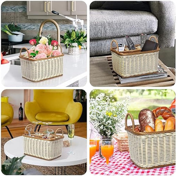 HEMOTON Rattan Cutlery Holder, Woven Cutlery Basket for Table, Table Holder for Cutlery and Utensils with Handles and 4 Division Compartments, for Kitchen, Dining Room, Garden or Picnic