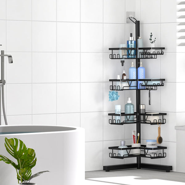 Kegii Telescopic Shower Caddy Corner - Stainless Steel Shower Shelf No Drilling Bathroom Caddy with Soap Holder and Hooks(White), On The Bath or Stand Up Shower