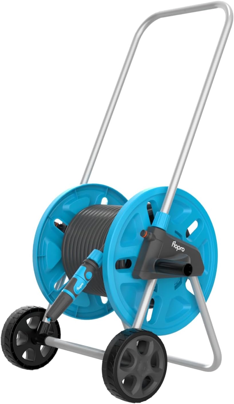 FLOPRO-Everyday Hose cart with Wheels 25m: Robust Frame for Stability, Adjustable Handle & Wide Wheels. Complete with SUPERGRIP Hose Pipe Connector Set & Nozzle- Fits All Brands. 3 Year Guarantee