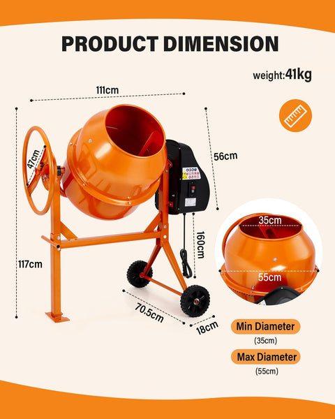 DKIEI 63L Electric Cement Mixer, 220W Concrete Mixer with Wheels and Stand, Portable Mud Mixer Machine for Cement, Stucco, Seeds and Fodder, 230V, 50Hz, 30RPM, Orange