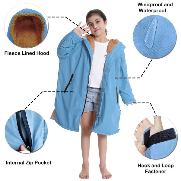 Hiturbo Kids Waterproof Changing Robe: Windproof Warm Swim Robe Oversized Surf Coat with Thick Fleece Lining Blue