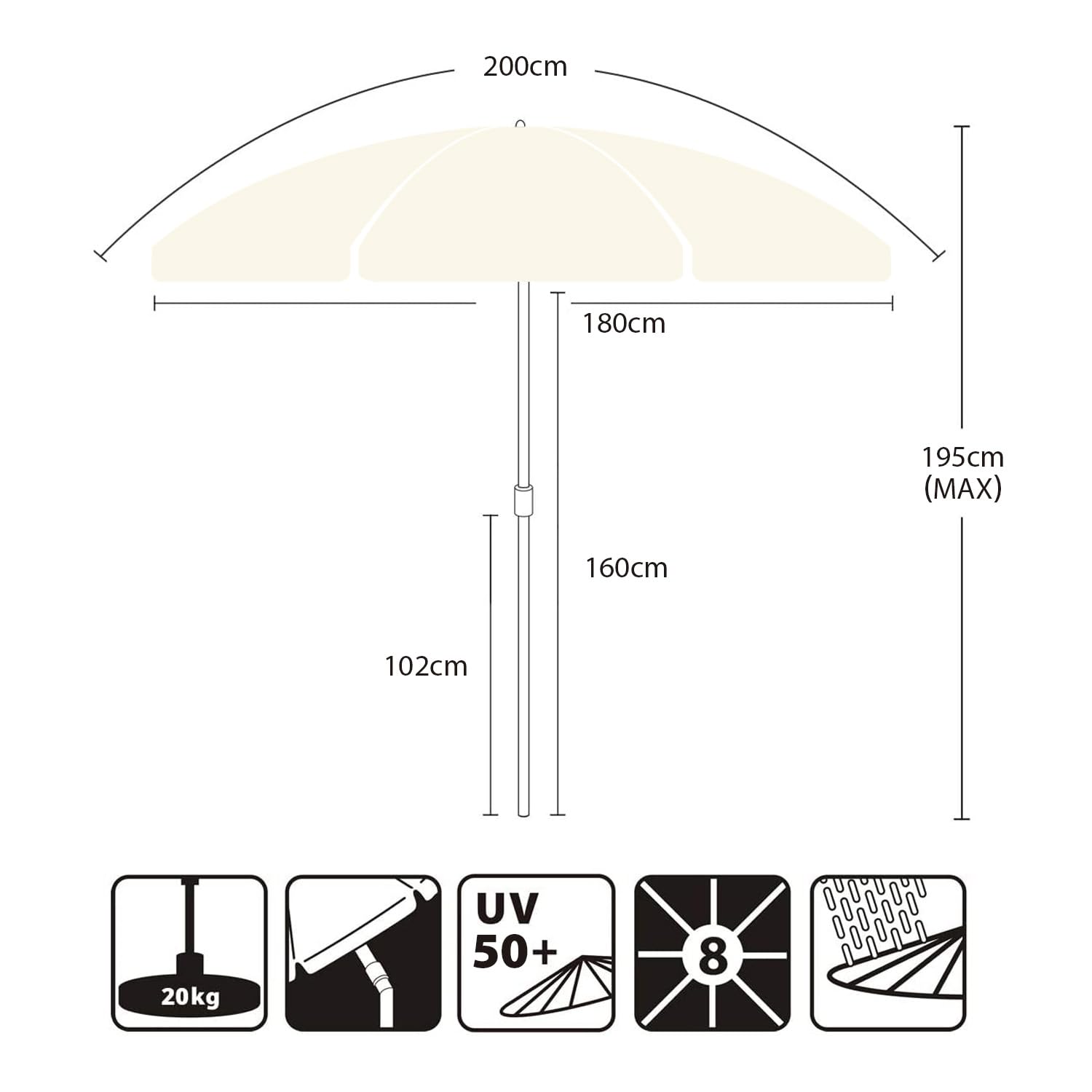 Sekey 2m Garden Parasol with Umbrella Cover - Adjustable and Portable Patio Umbrella for Beach, Garden, Pool, and Patio - UPF 50+ Sun Protection
