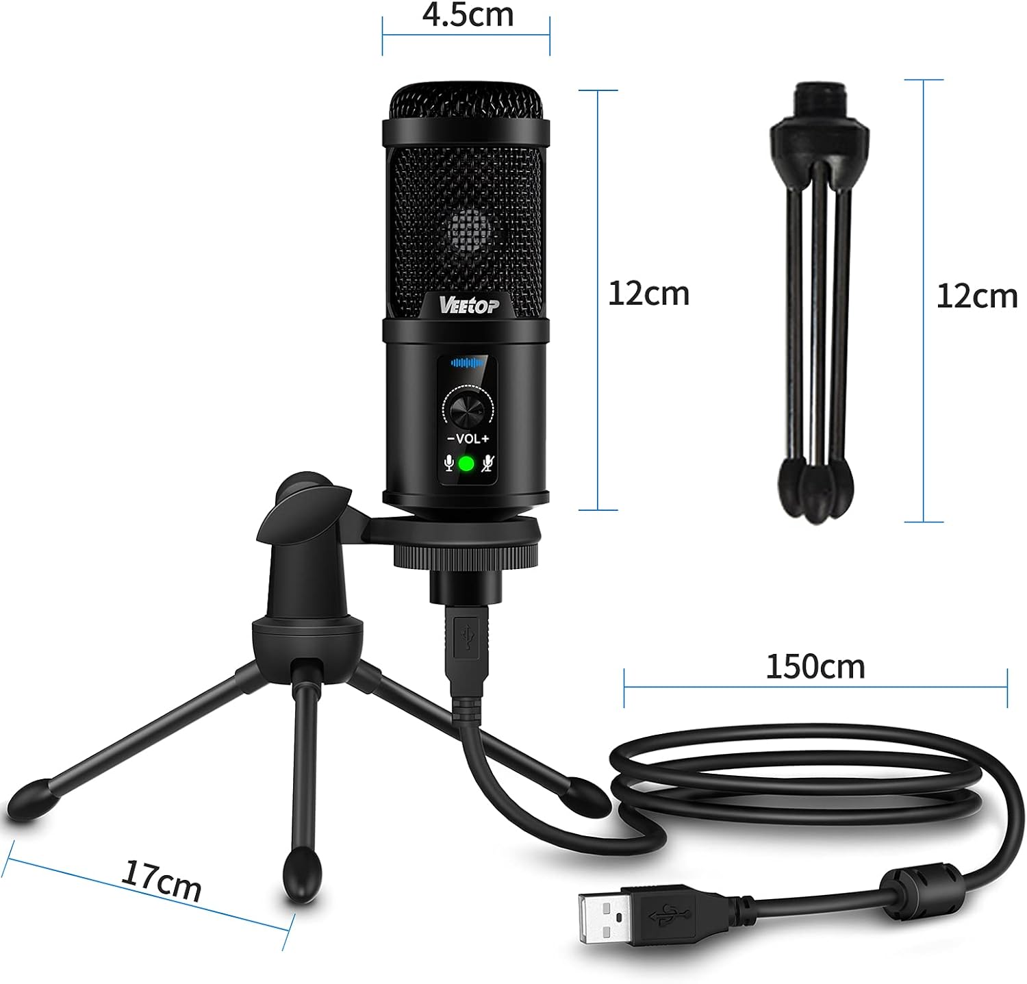 Veetop USB Microphone Metal Computer Condenser PC Mic for Gaming Podcasting Streaming Recording Voiceover YouTube Skype Twitch Zoom Cardioid with Tripod Compatible with Desktop Laptop Windows MacOS