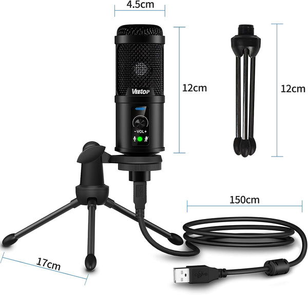Veetop USB Microphone Metal Computer Condenser PC Mic for Gaming Podcasting Streaming Recording Voiceover YouTube Skype Twitch Zoom Cardioid with Tripod Compatible with Desktop Laptop Windows MacOS