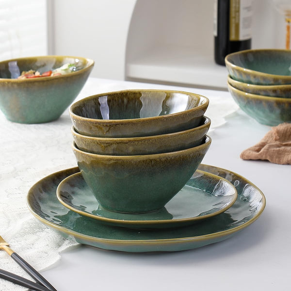 Henten Home Ramen Bowl Set of 4, 20 oz Ceramic Soup Bowl for Cereal/Salad/Pasta, Green Serving Dish Dishwasher & Microwave Safe