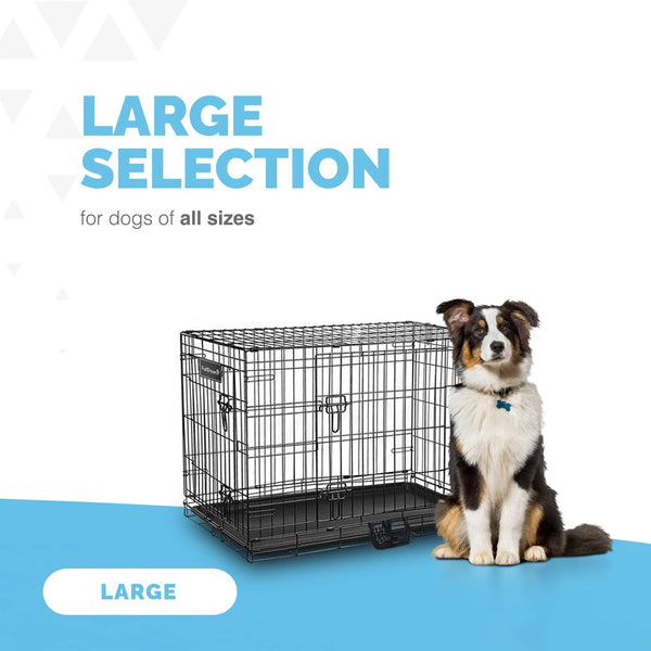 Furdreams 42-Inch Dog Cage Crate – Heavy Duty Black Metal Folding Crate with 2 Doors (Front & Side), Chew-Resistant Plastic Base Tray, and Carrier Handle – Ideal for Puppy Training (107 x 68.5 x 77cm)