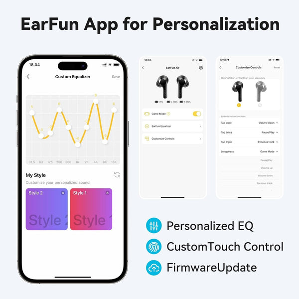 EarFun Wireless Earbuds, [What Hi-Fi Awards] Air Bluetooth In-Ear Headphones with 4 Mics ENC, Sweatshield™ IPX7 Waterproof, Clear Sound, Deep Bass, Wireless Charge, Game Mode, App Customize EQ, 35H