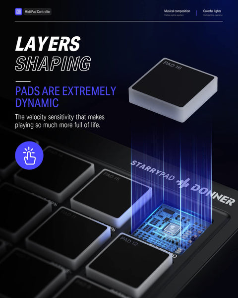 Donner MIDI Pad Controller Keyboard USB Type-C, Professional Drum Pad Machine Beat Maker with 16 Pads, MIDI out, 2 Assignable Fader and Knobs (STARRYPAD MINI, Black)