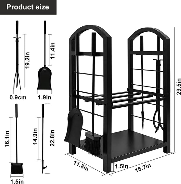 Amagabeli Fireplace Log Rack 29.5inx15.7inx11.8in with 4 Fireplace Tools Wrought Iron Firewood Holders Indoor Wood Stove Outdoor Fireplace Log Storage