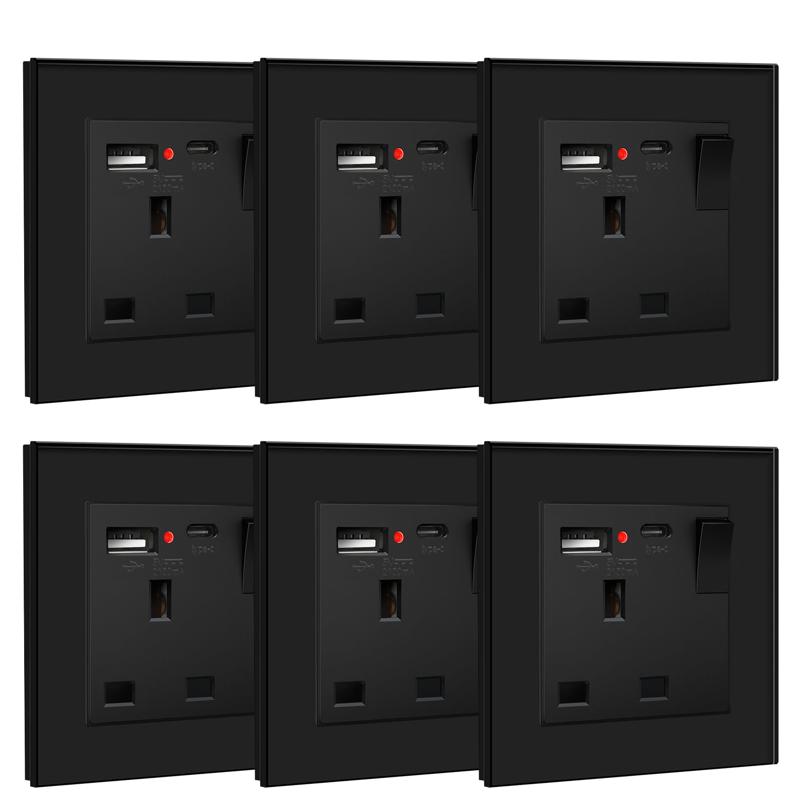 BSEED Double Socket 13A with LED Indicator, Double Switched Wall Socket 2 Gang UK Standard, Electric Switched Plug Power Wall Outlet with Glass Panel, Grey