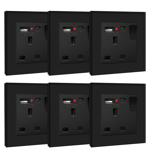 BSEED Double Socket 13A with LED Indicator, Double Switched Wall Socket 2 Gang UK Standard, Electric Switched Plug Power Wall Outlet with Glass Panel, Grey