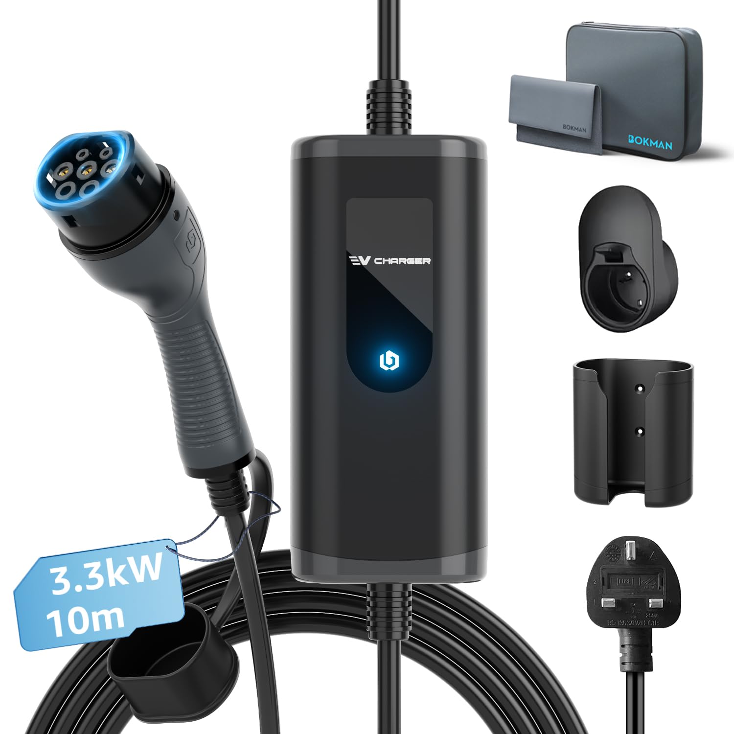 bokman EV Charger Type 2 to 3 Pin Plug, 5M / 3.3kW / 13A / IP65 Waterproof, Electric Car Charger with LED Indicators, Type 2 Charging Cable 3 Pin with Carry Bag & Microfiber Towel