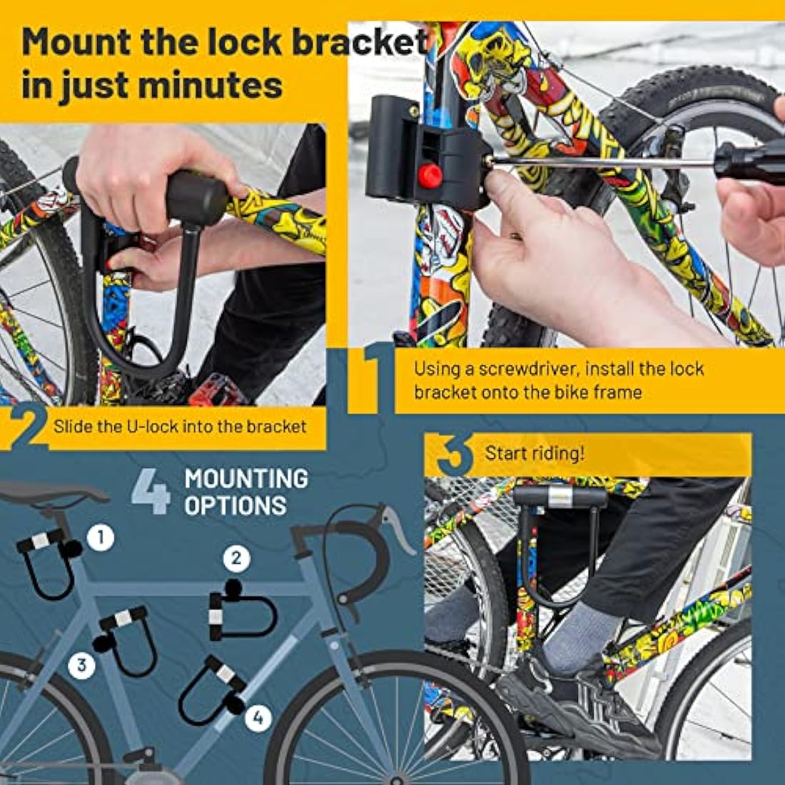 SIGTUNA Bike Lock - Heavy Duty Bicycle U Lock Shackle and Mount Holder, for Road Bike, Electric Bike, Folding Bike, Mountain Bike