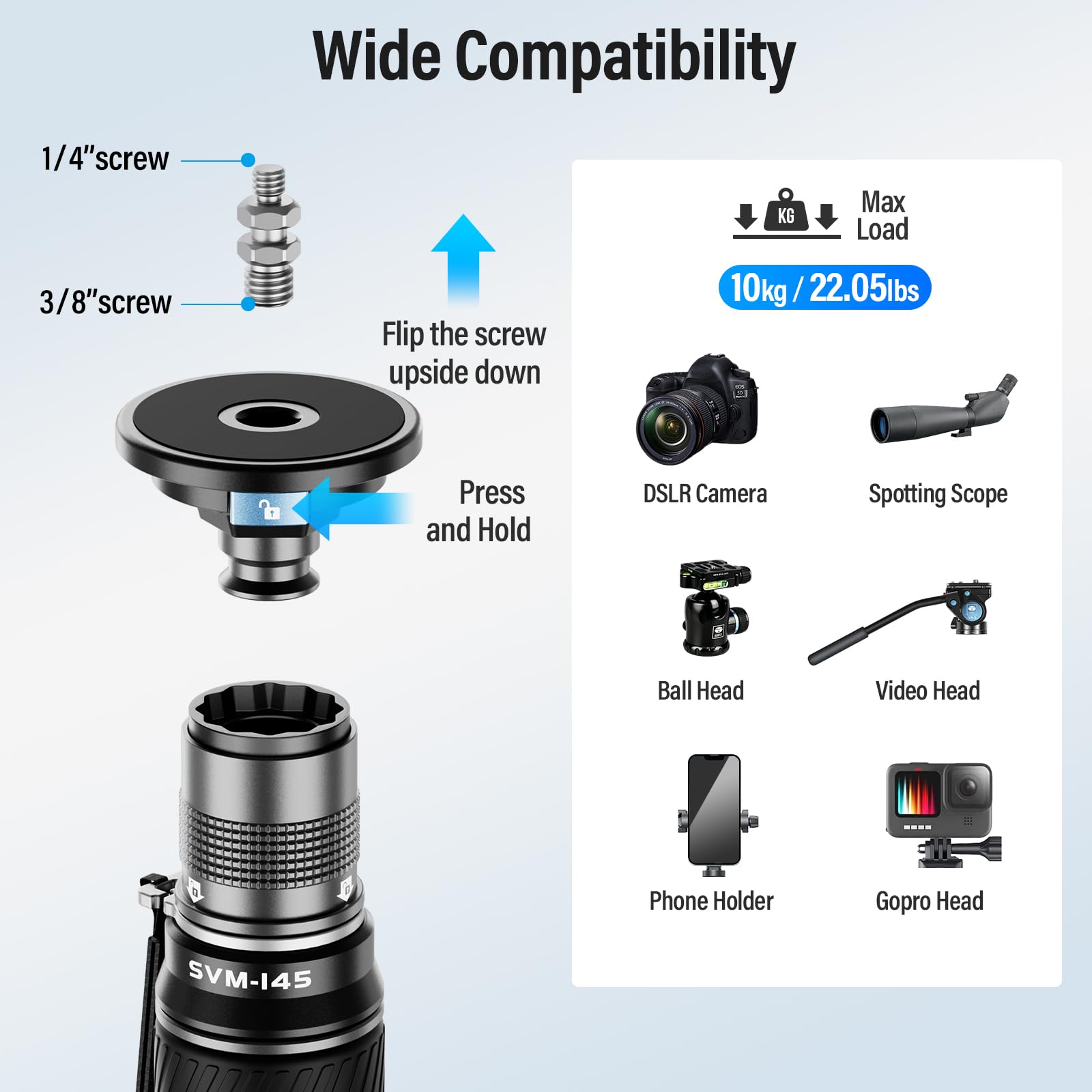 SIRUI SVM-145 Camera Monopod with Feet for Photography, 145cm Carbon Fibre Camera Monopod with Removable Tripod Stand Base, for DSLR, Camcorder, Max Load 10kg
