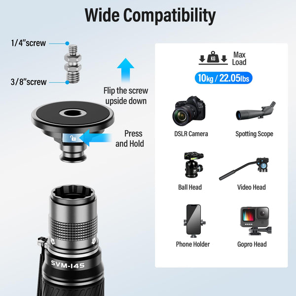 SIRUI SVM-145 Camera Monopod with Feet for Photography, 145cm Carbon Fibre Camera Monopod with Removable Tripod Stand Base, for DSLR, Camcorder, Max Load 10kg