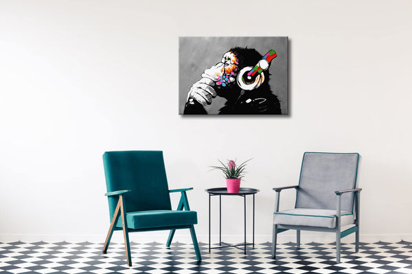 Wieco Art Monkey With Headphones Banksy Graffiti Art Abstract Canvas Painting Posters and Prints Animal Canvas Wall Art for Wall Decor and Home