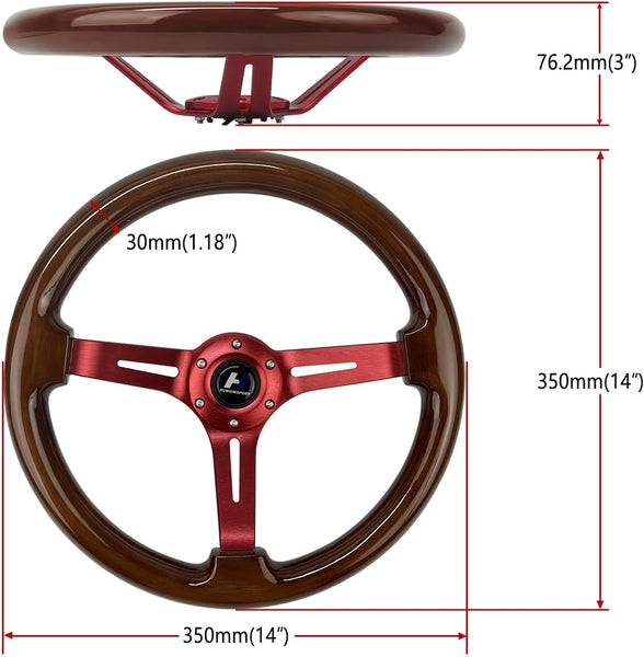 Hiracing 14" Universal Classic Wood Grain Steering Wheel Brushed 3 Spoke 1.5 Depth Steering Wheel with Horn Button 6 bolts (010)