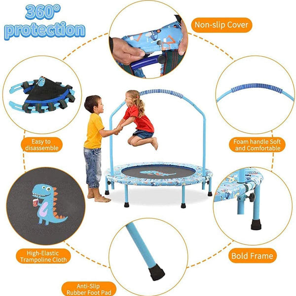 38'' Kids Trampoline Mini Foldable Fitness Trampoline with Adjustable Handrail and Safety Padded Cover Exercise Foldable Bungee Rebounder Indoor