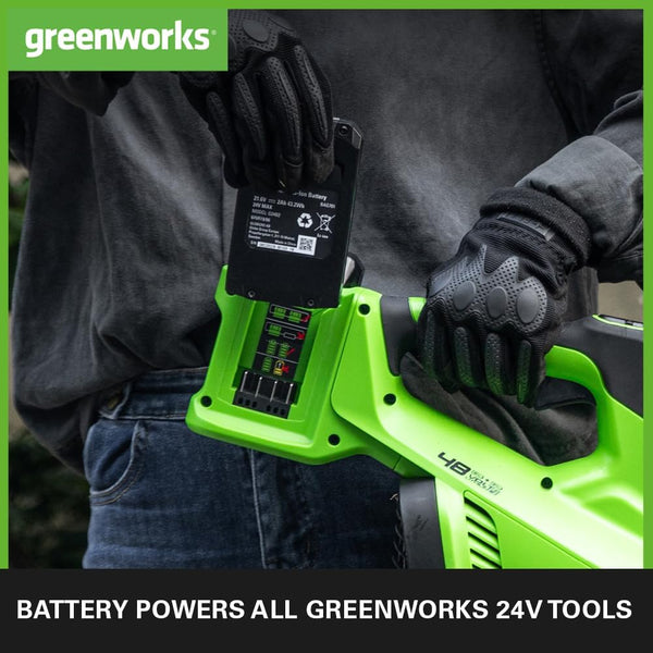 Greenworks 24V Battery and Universal Charger. Original Greenworks Battery Charger for 24V Garden and Power Tools. 2Ah Power Lithium-Ion Battery 60Mins Charge. Battery G24B2 & Charger G24UCC
