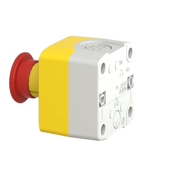 Schneider Electric Control station, plastic, yellow lid, 1 red mushroom push button Ø40, key release, 1 NO + 2 NC