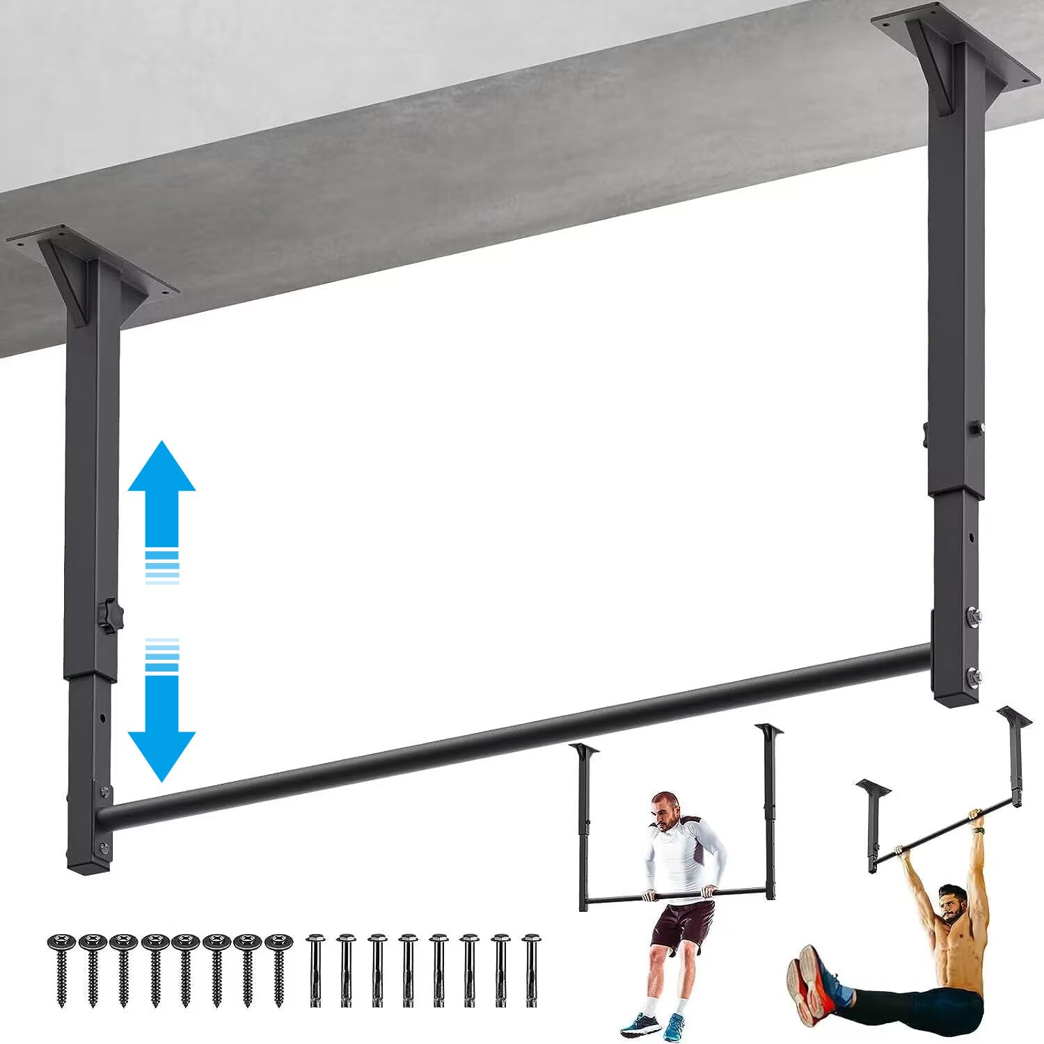 Kipika Heavy Duty Ceiling Pull Up Bar - Adjustable Height, Comfortable Grip, Easy Installation - Ideal for Home Gym Workout - Supports up to 500 lbs