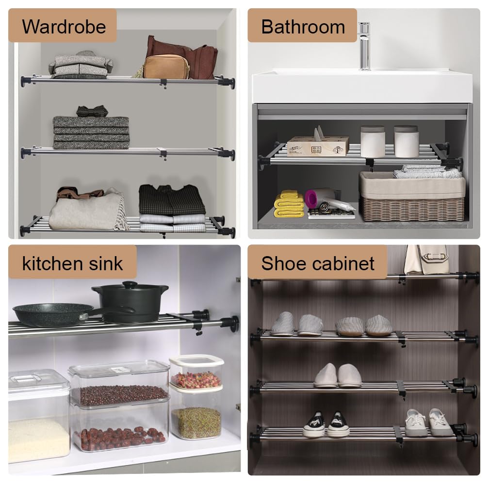 Hershii Expandable Closet Tension Shelf Rod Adjustable Metal Storage Rack Cabinet Organizer DIY Divider Separator Shelves for Wardrobe Cupboard