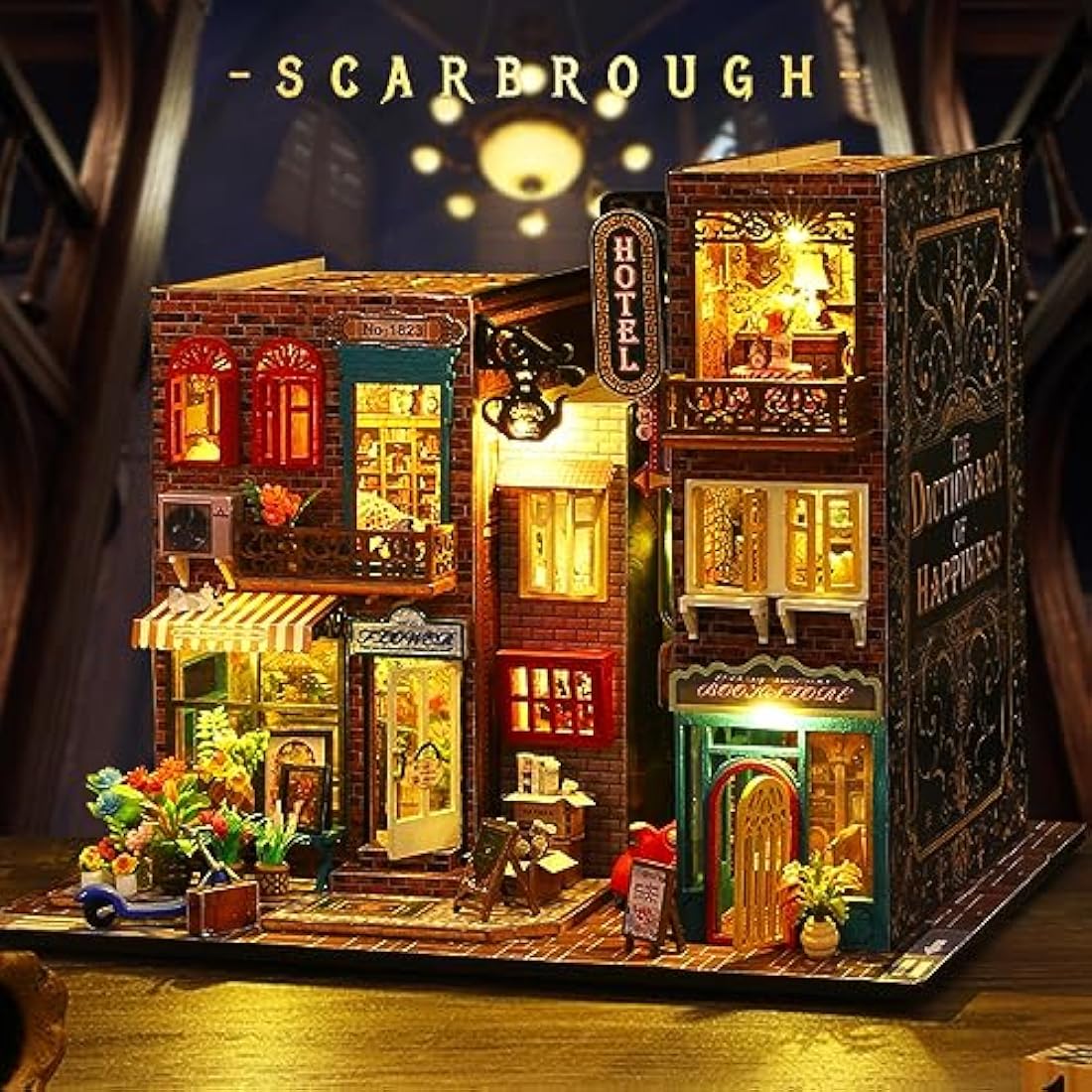 DIY Book Nook Kit - DIY Miniature Dolls House Kit with Furniture and LED Light, 3D Puzzle Wooden Art Bookends, Model Kits for Adults to Build (SCARBROUGH)