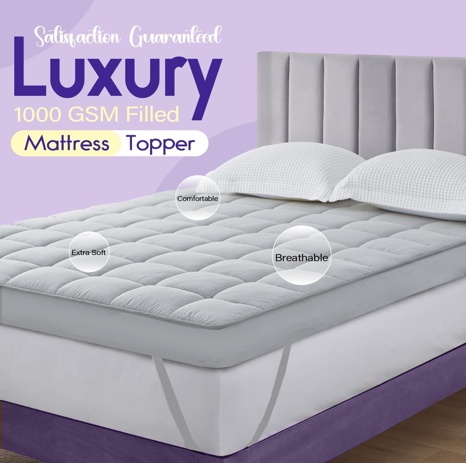 Mattress Topper Double Bed - 10CM Extra Thick Double Mattress Topper - 1000GSM Filling Fiber - Luxurious Comfort, Hypoallergenic, Elastic Straps Deep Pocket Thick