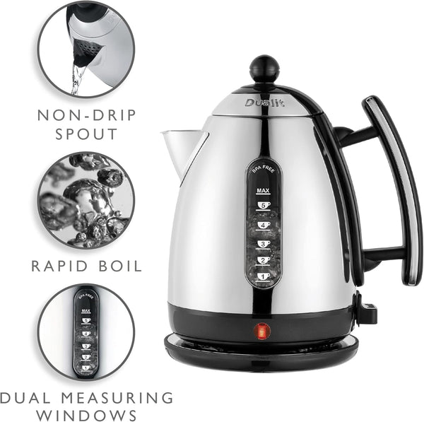 Dualit Lite Kettle - 1.5L Jug Kettle - Polished with Black Trim, High Gloss Finish - Fast Boiling Kettle by Dualit - 72010, Black