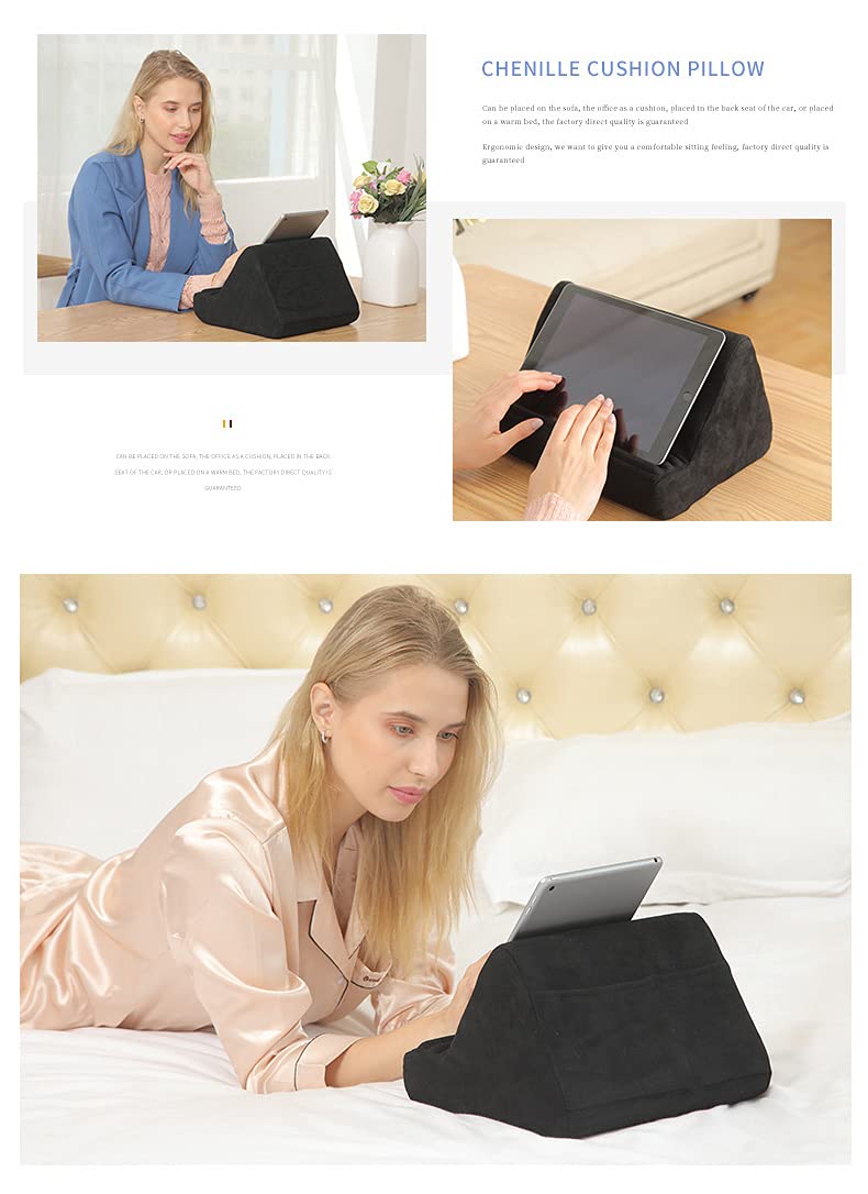 Soft Tablet Stand Pillow with Pocket,Tablet Cushion Stand,Adjustable 3 Viewing Angle,Lazy Holder Stand for Bed Sofa,Compatible with iPads Tablets eReaders Smartphones Books Magazines（Grey）…