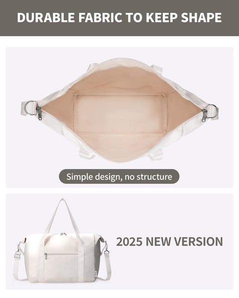 Narwey for Ryanair Cabin Bag 40x20x25 Underseat Ryan Air Bag Foladble Travel Duffel Hospital Carry on Hand Luggage Holdall Weekend Overnight Bag for Women and Men 20L (Beige with Green Straps)