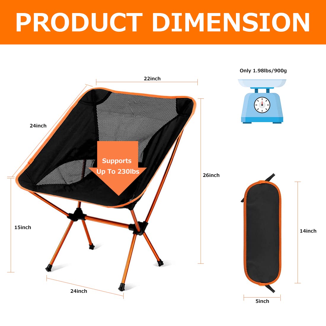 SOPPY Folding Camping Chair Ultra Lightweight, Portable Backpacking Chair, Heavy Duty 135kg Capacity, Outdoor Chairs with Carry Bag for Camping, Garden, Fishing, Beach,BBQs - Orange