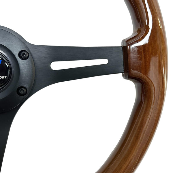 Hiracing 14" Universal Classic Wood Grain Steering Wheel Brushed 3 Spoke 1.5 Depth Steering Wheel with Horn Button 6 bolts (010)