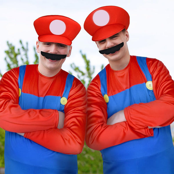 Aomig Mario Costumes, 4 Pack Mario Cosplay Costume Accessories Kits with Bodysuit, Luigi Hats Cap, Mustaches, White Gloves, Mario Luigi Bros Fancy Dress Outfit Costume for Women Men