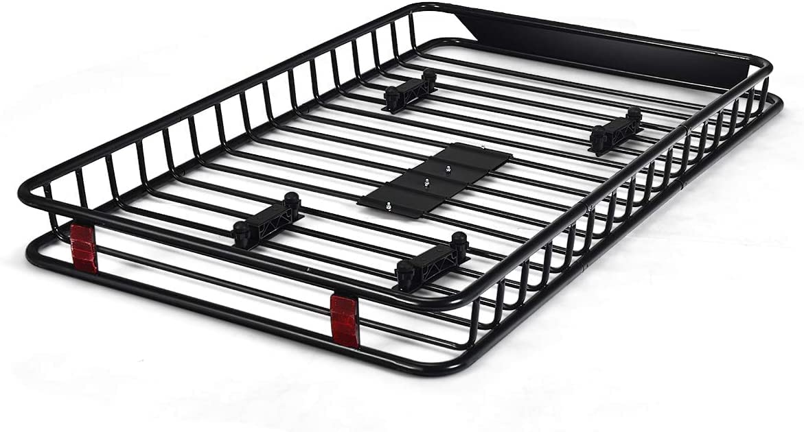 Roof Rack Basket Tray, Steel Luggage Cargo Carrier with Bars & Wind Fairing, Rooftop Luggage Holder for Car SUV Truck Jeep (116-162x99x15cm, 113kg Capacity)