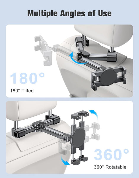Rolgno Tablet Holder for Car, [Folding Extension Arm] Adjustable Headrest Holder Stand for Kids, Tablet Mount Back Seat Compatible with iPad Pro/Air/Mini, Galaxy Tab & 4.7-12.9" Devices