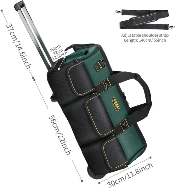 WINHUNT 22'' Rolling Tool Bag with Wheels, Adjustable Telescopic Handle Tool Bag Trolley Wide Mouth Storage Organizer, Green