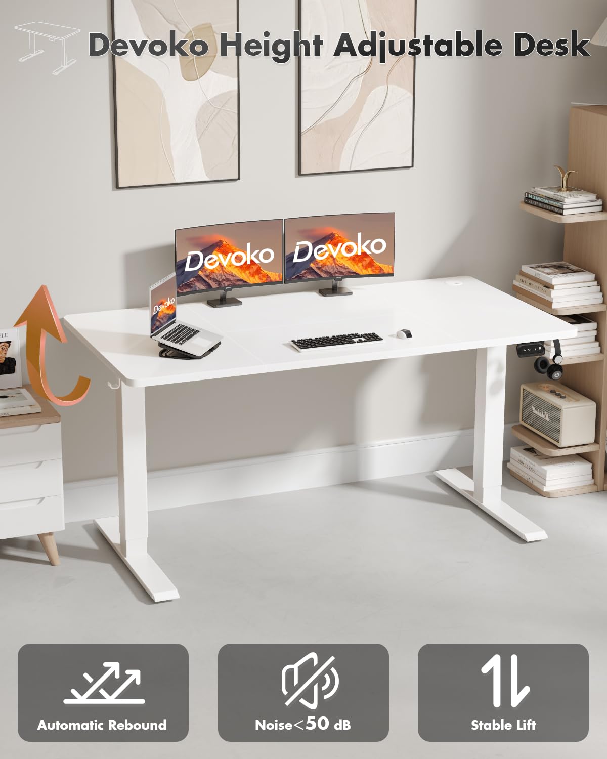 Devoko Electric Standing Desk 120x60cm Sit Stand Table Height Adjustable with Backpack Hook and Memory Smart Pannel, Home Office, White