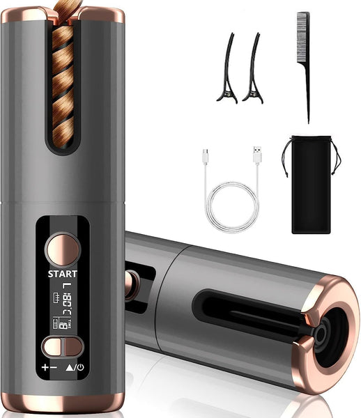 Automatic Hair Iron, Cordless Hair Curler PTC Ceramic Hair Curling Negative Ion Portable 5000mAh Rechargeable USB Anti-Tangle 6 Temperature & Timer 10min Auto Off Curling Wand for Home/Travel Use