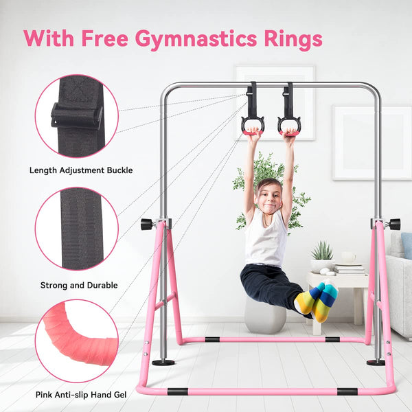 FBSPORT Gymnastics Bar, Folding Horizontal Bar Gymnastics Equipment for Kids Home Training, Expandable Gymnastics Training Bar Junior with Adjustable Height for Girls Boys