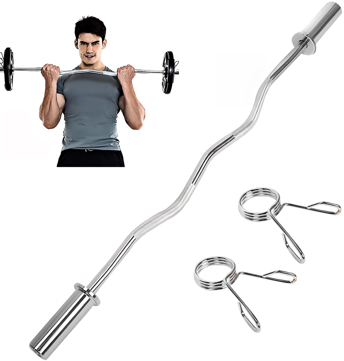 jxgzyy EZ Curl Bar Weight Bar Barbell Bar 47 Inches Weight Lifting Bar for 2 Inches Weight Plates, Non-Slip Hand Grip With 2 Spring Collars For Gym