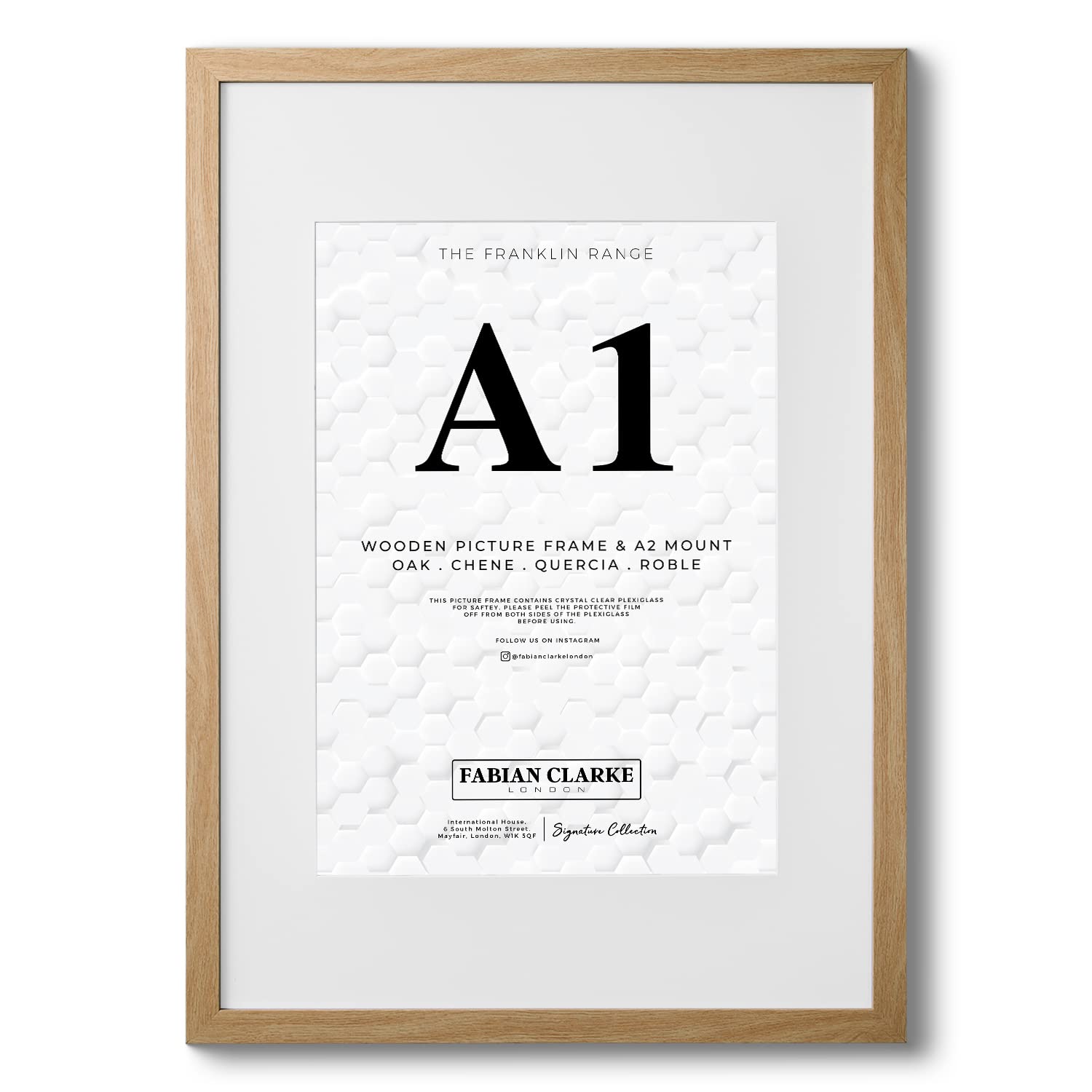 Fabian Clarke London A1 Modern Oak Wooden Picture Photo Frame with White A2 Mount to Hang Portrait or Landscape