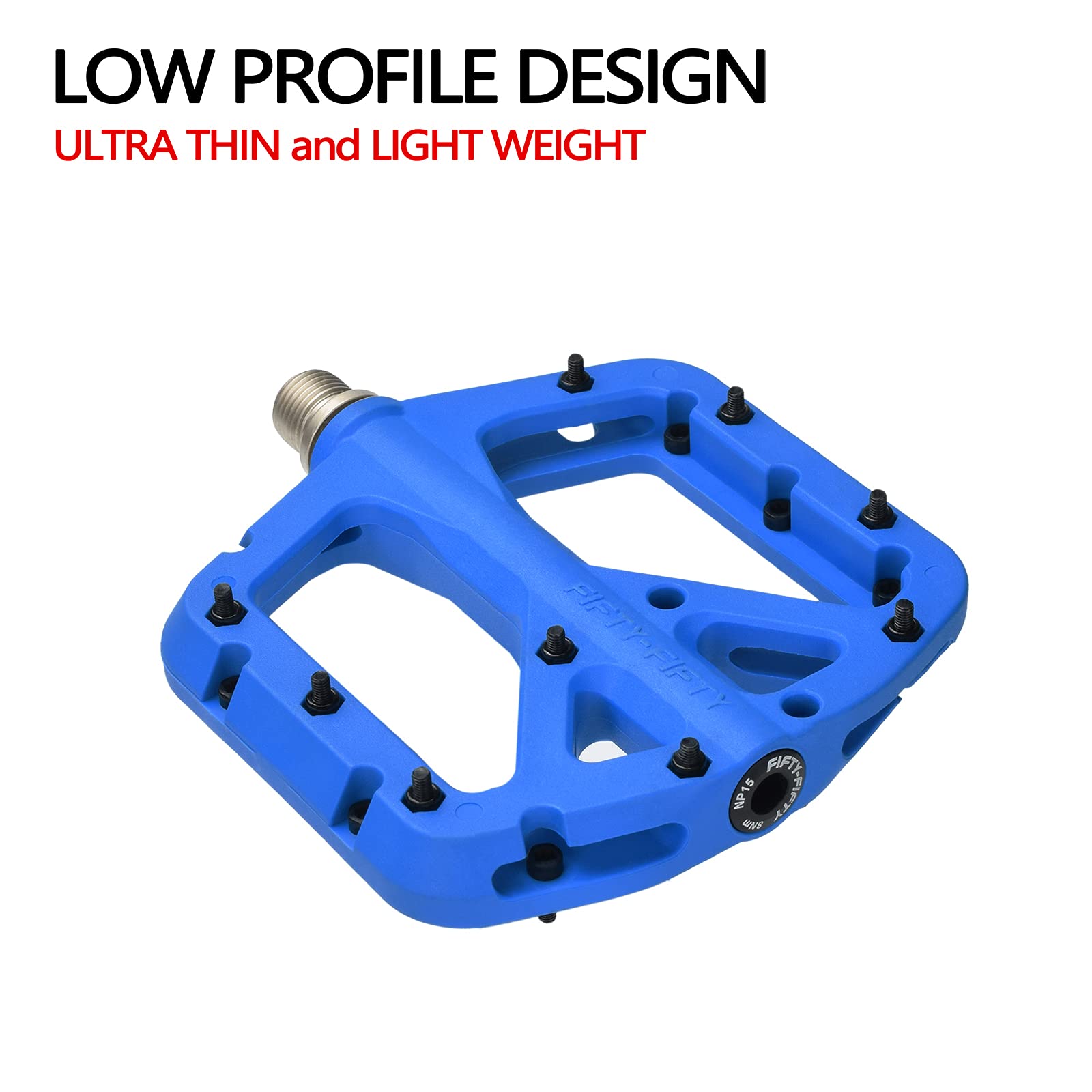 FIFTY-FIFTY Mountain Bike Pedals, Non-Slip MTB Nylon Composite, 9/16" Bicycle Pedals, Lightweight and Wide Flat Platform (Blue)