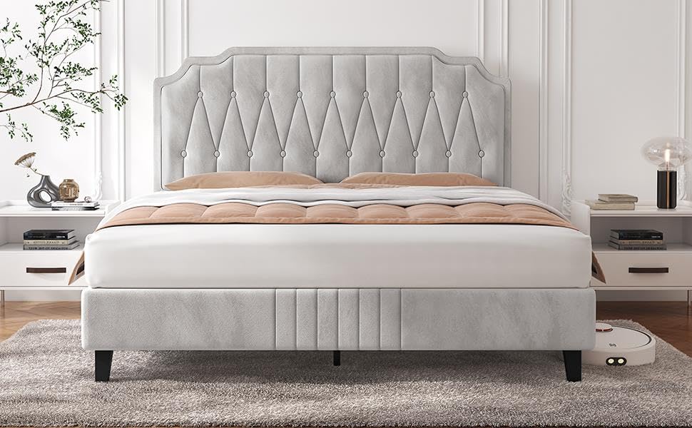Yaheetech 5ft King Bed Frame Upholstered Platform Bed with Adjustable Button Tufted Headboard/Velvet Fabric/Sturdy Wooden Slat Support/No Box Spring Needed, Dark Grey King Bed