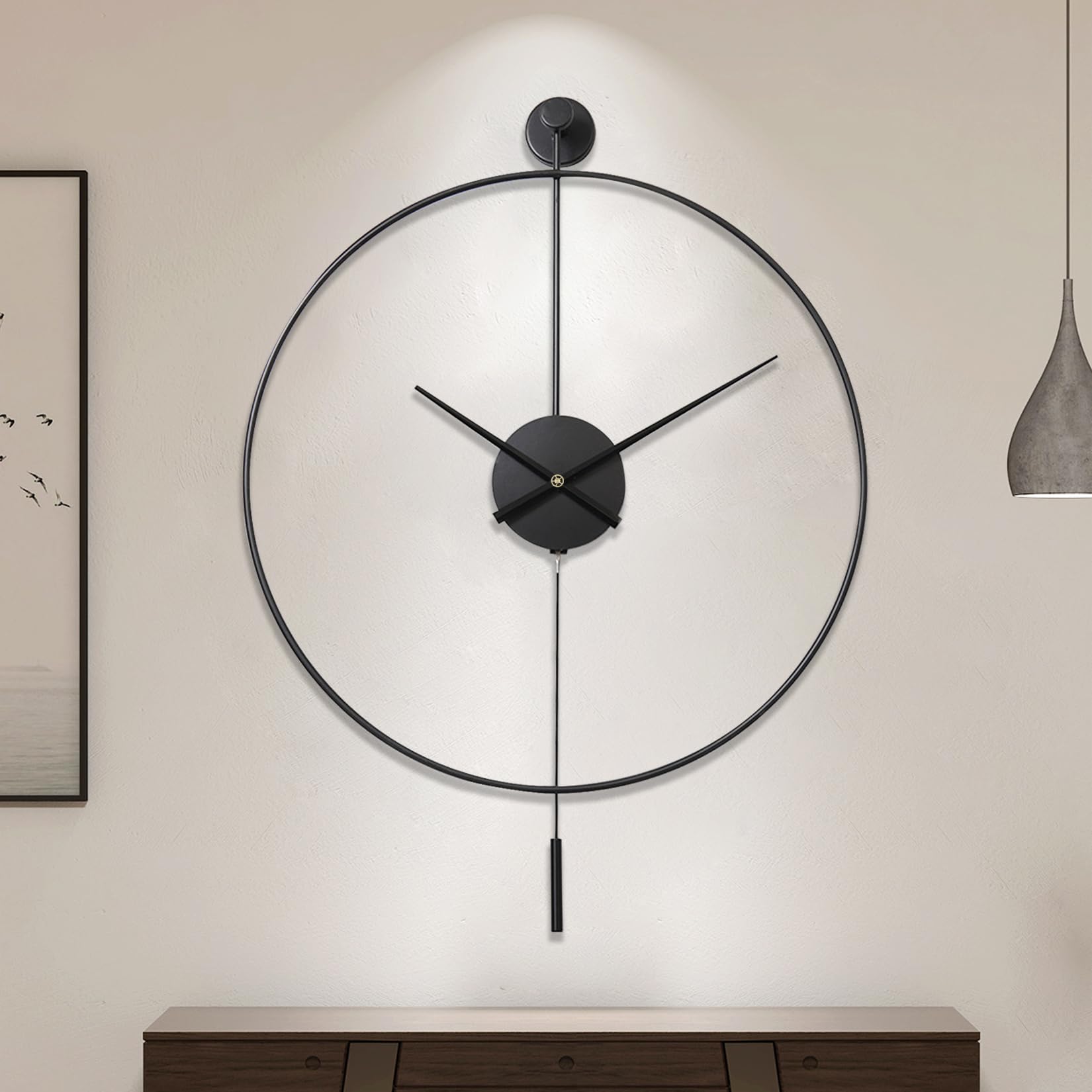 Classical Large Decorative Wall Clock with Pendulum, Modern Non-Ticking Silent Metal Wall Clocks for Living Room, Bedroom, Study, Office,