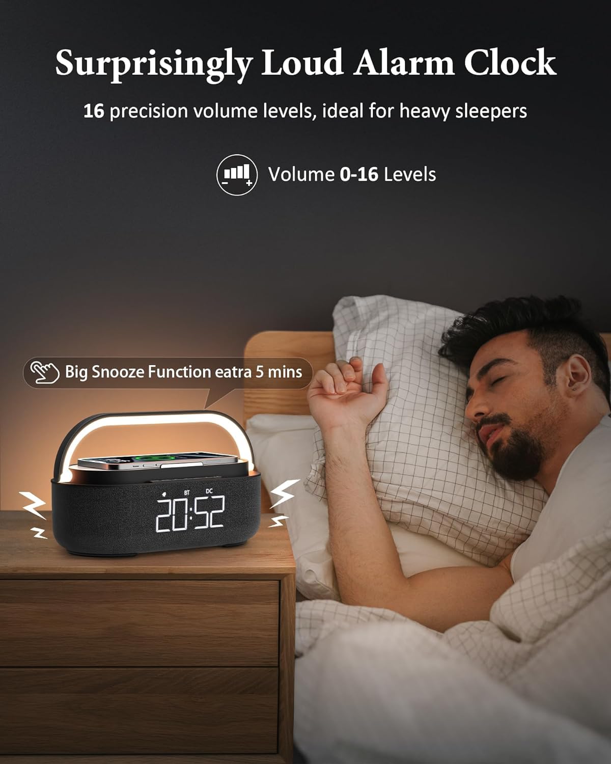 COLSUR Radio Alarm Clock Bluetooth Speaker, 15W Wireless Charger Alarm Clocks Bedside, Night Light, Loud Volume for Heavy Sleepers, Snooze, Dimmable LED Display, 2500mAh Battery