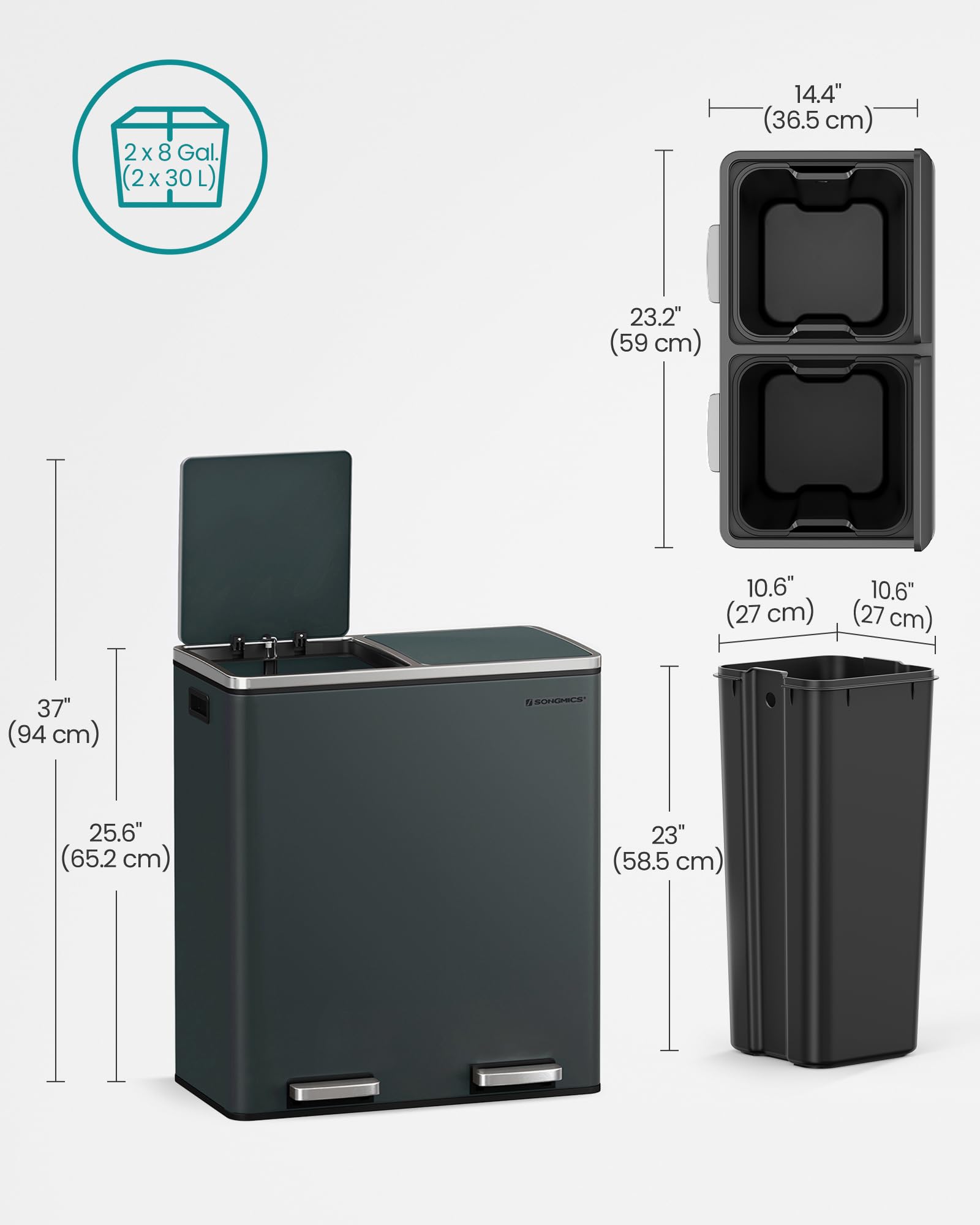 SONGMICS Dual Rubbish Bin, 2 x 30 L Recycling Bin with 15 Rubbish Bags, 2-Compartment Metal Pedal Bin with Lids and Plastic Inner Buckets, Soft Closure, Slate Grey LTB060G01