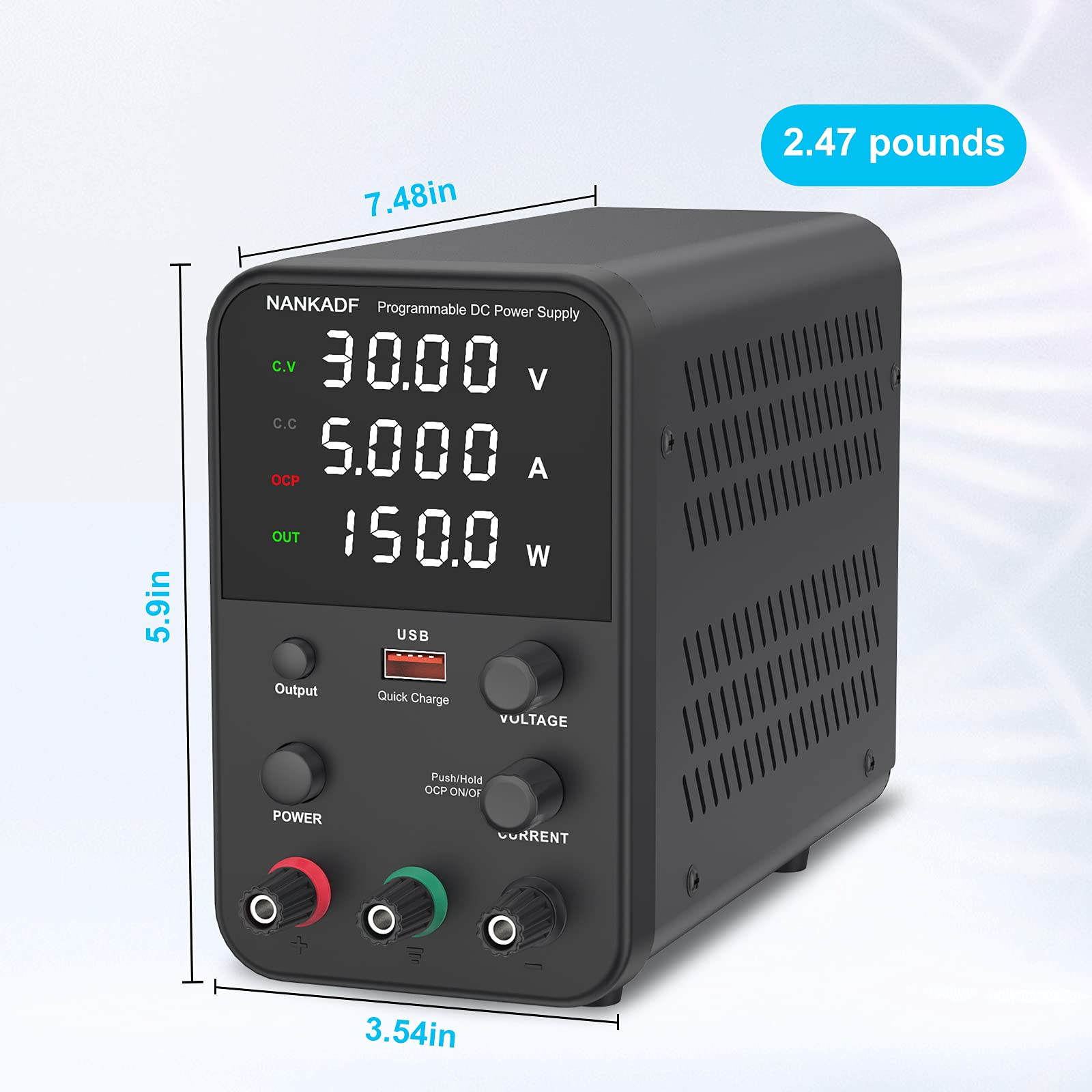 DC power supply (0-30V,0-10A) adjustable, switching power supplies, mini high precision 4-digit display with USB fast charging interface, variable lab bench power supply, output button/encoder knob