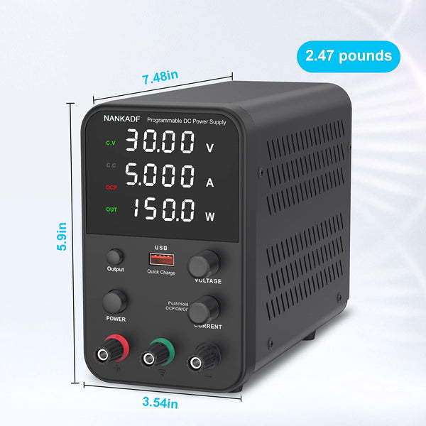 DC power supply (0-30V,0-10A) adjustable, switching power supplies, mini high precision 4-digit display with USB fast charging interface, variable lab bench power supply, output button/encoder knob